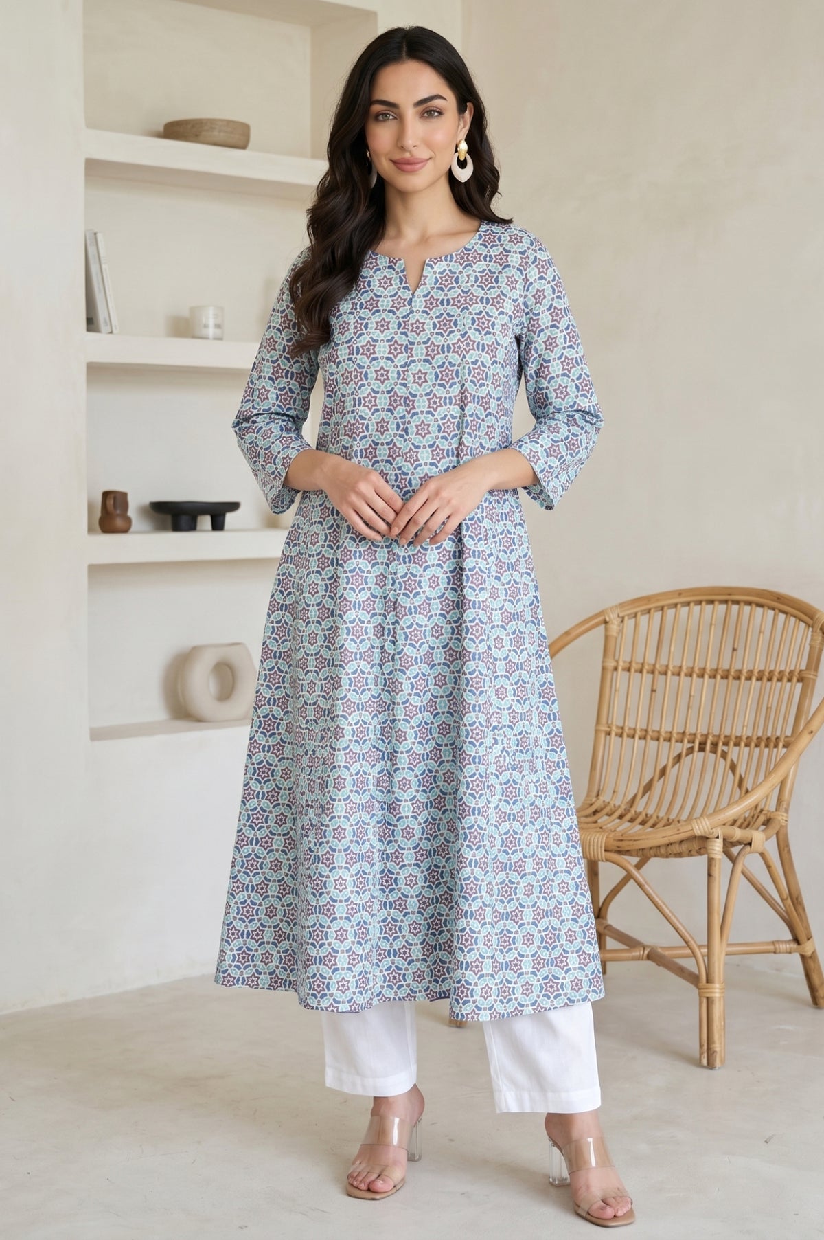 Blue Geometric Printed Cotton Flax Flared Kurta - XS