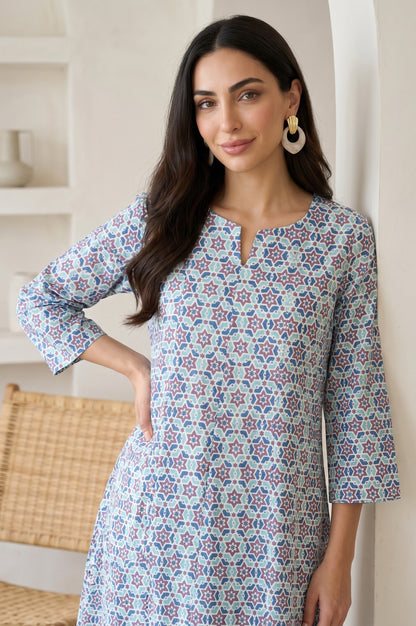Blue Geometric Printed Cotton Flax Flared Kurta