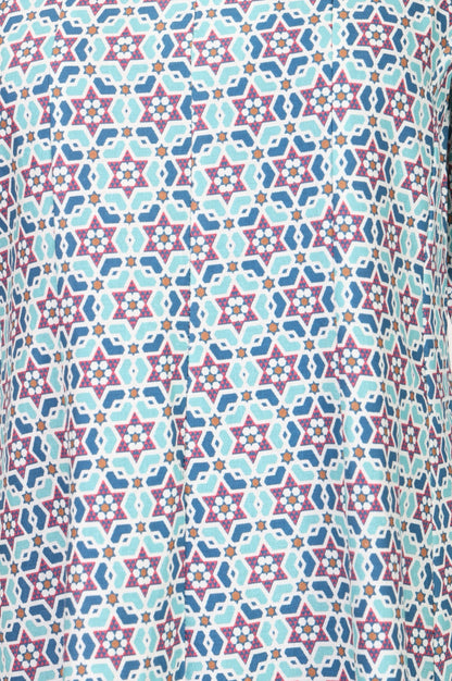 Blue Geometric Printed Cotton Flax Flared Kurta