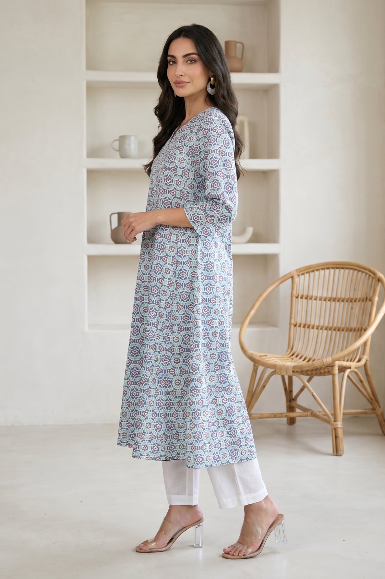 Blue Geometric Printed Cotton Flax Flared Kurta
