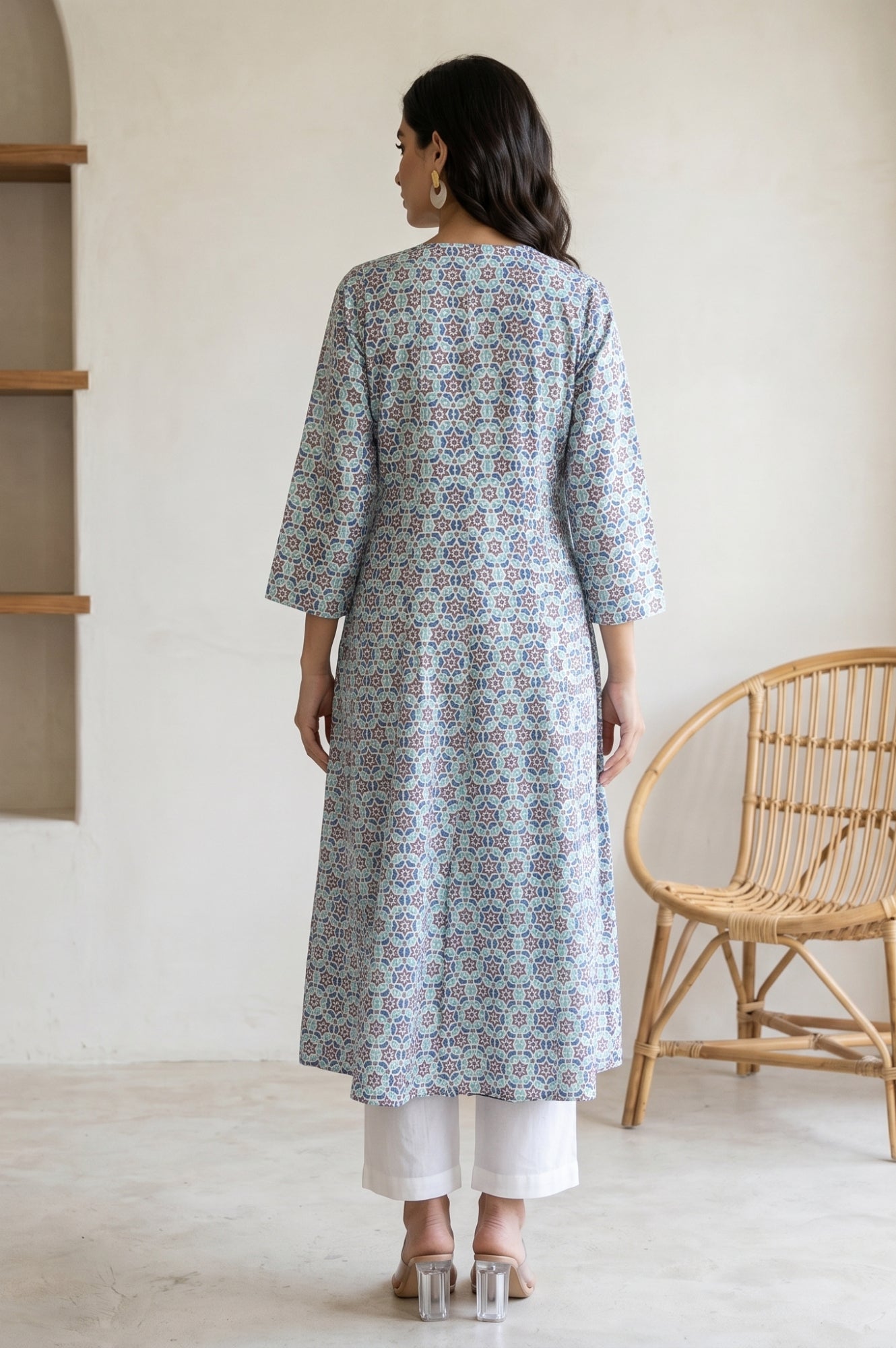 Blue Geometric Printed Cotton Flax Flared Kurta