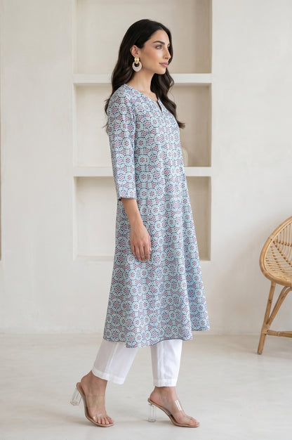Blue Geometric Printed Cotton Flax Flared Kurta