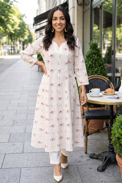 Cream Floral Printed Pure Cotton Flared Kurta