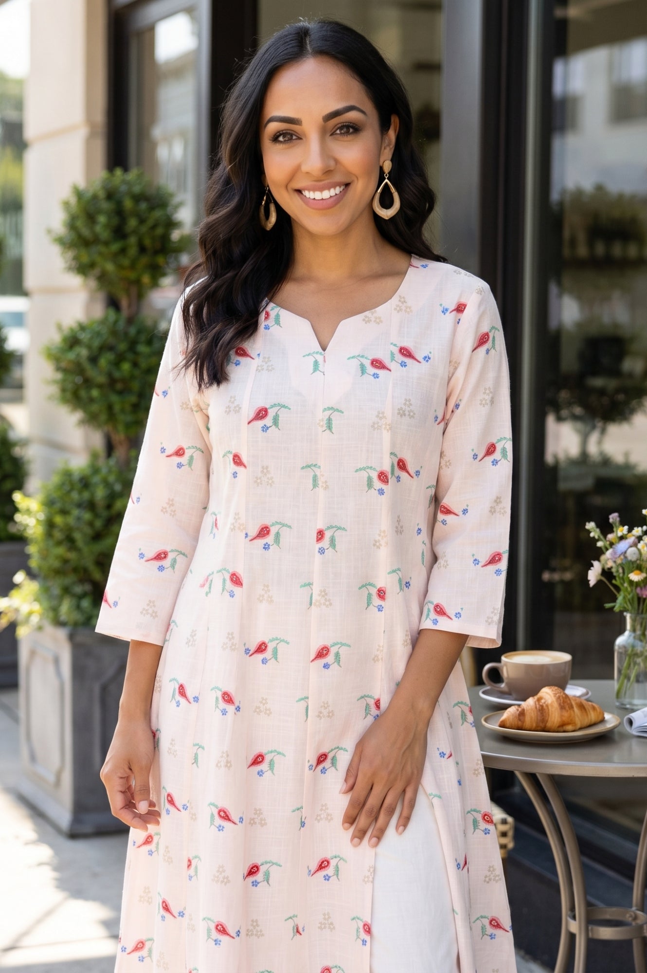 Cream Floral Printed Pure Cotton Flared Kurta
