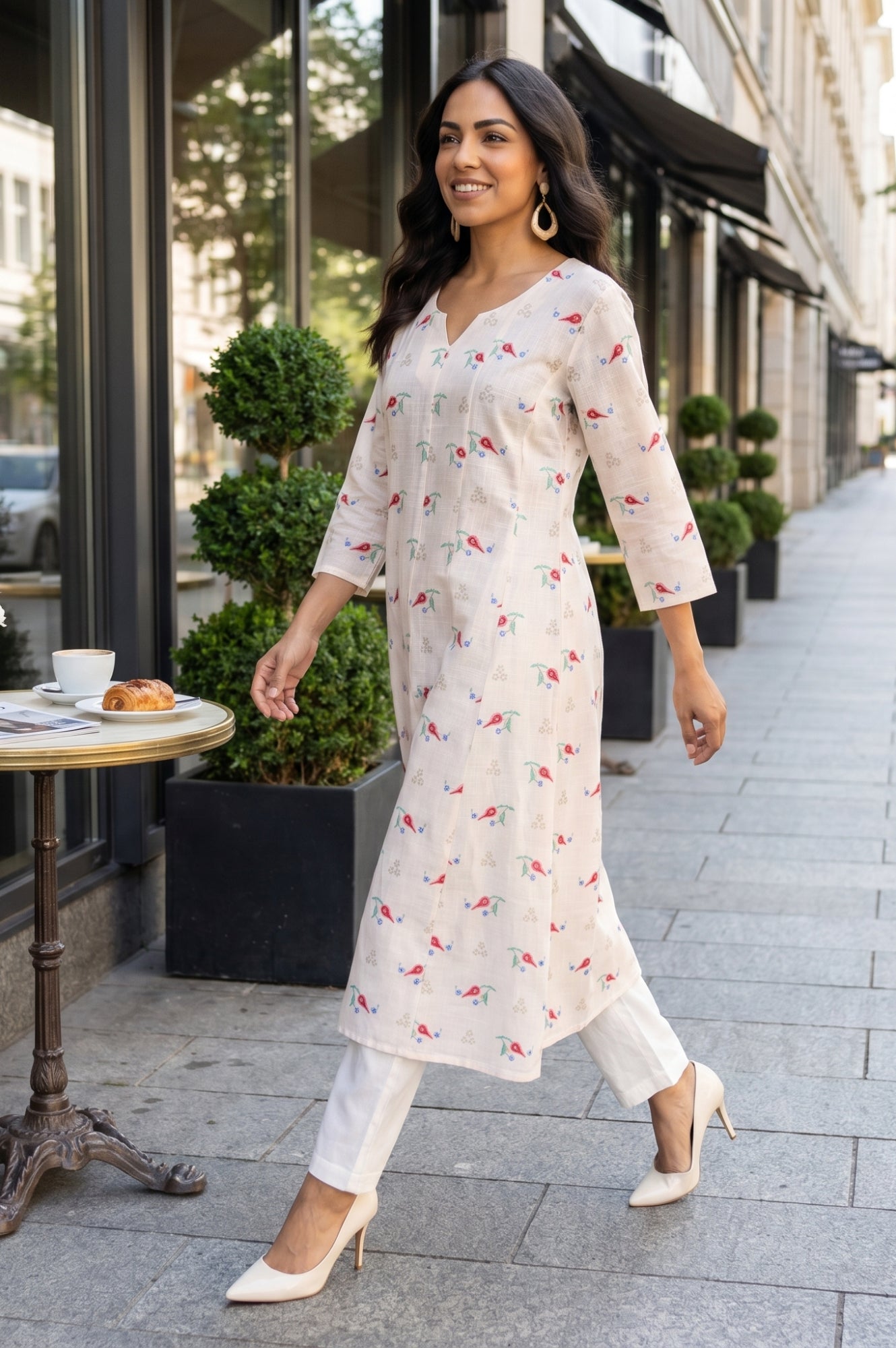 Cream Floral Printed Pure Cotton Flared Kurta