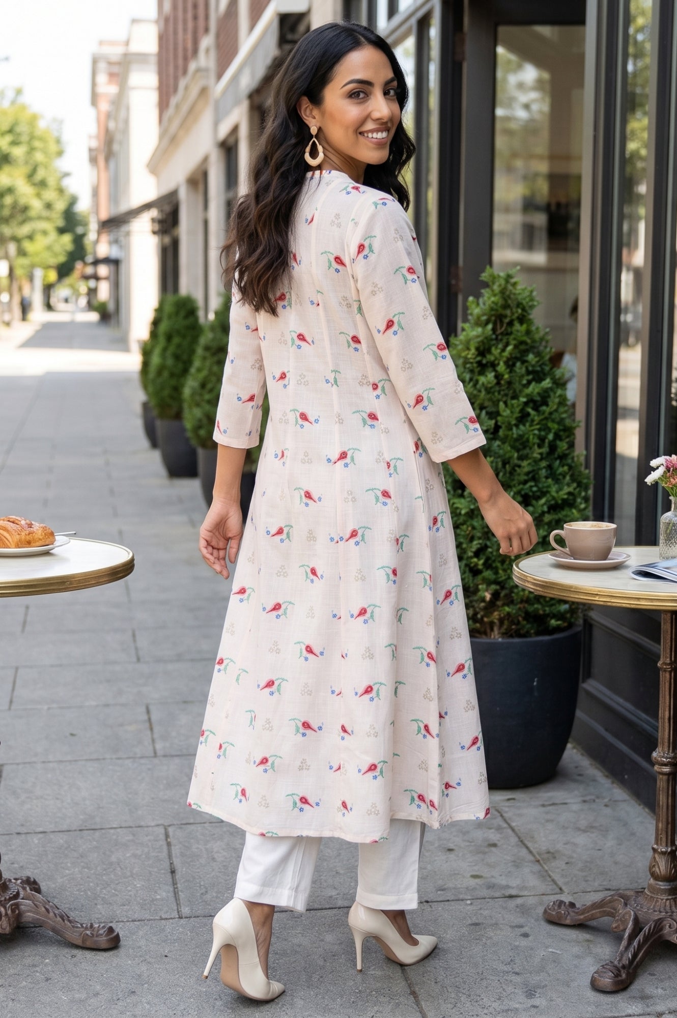 Cream Floral Printed Pure Cotton Flared Kurta