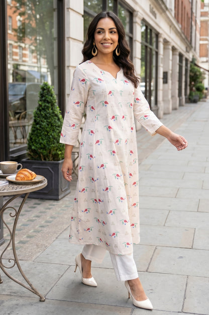 Cream Floral Printed Pure Cotton Flared Kurta