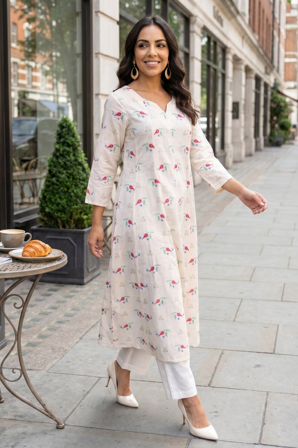 Cream Floral Printed Pure Cotton Flared Kurta