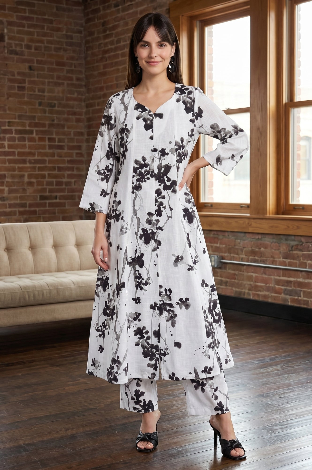 White Floral Printed Pure Cotton Flared Kurta