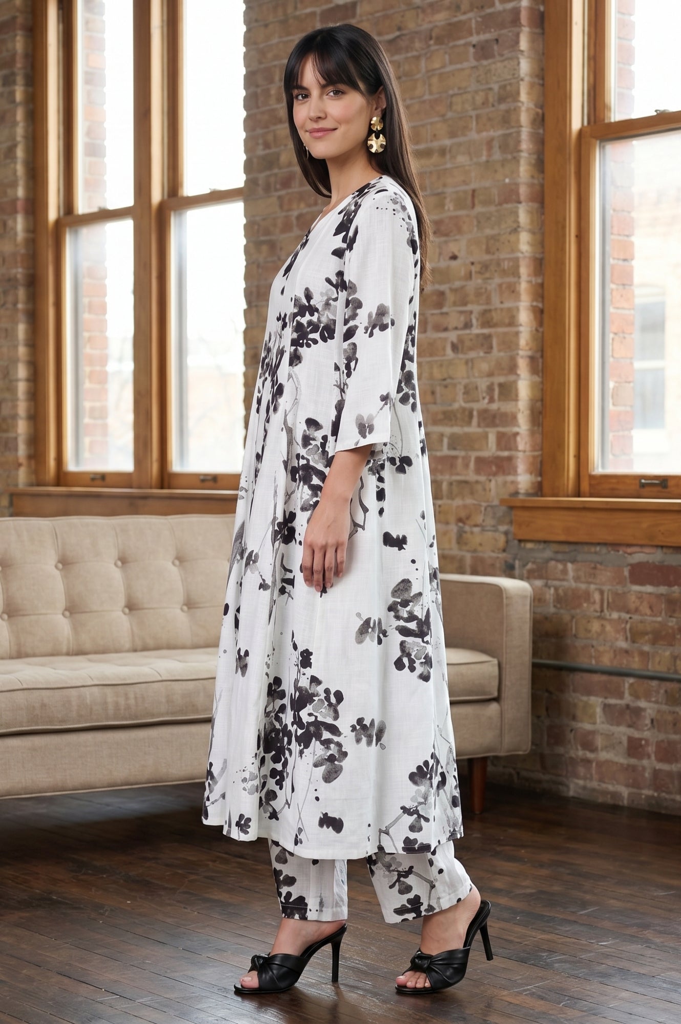 White Floral Printed Pure Cotton Flared Kurta