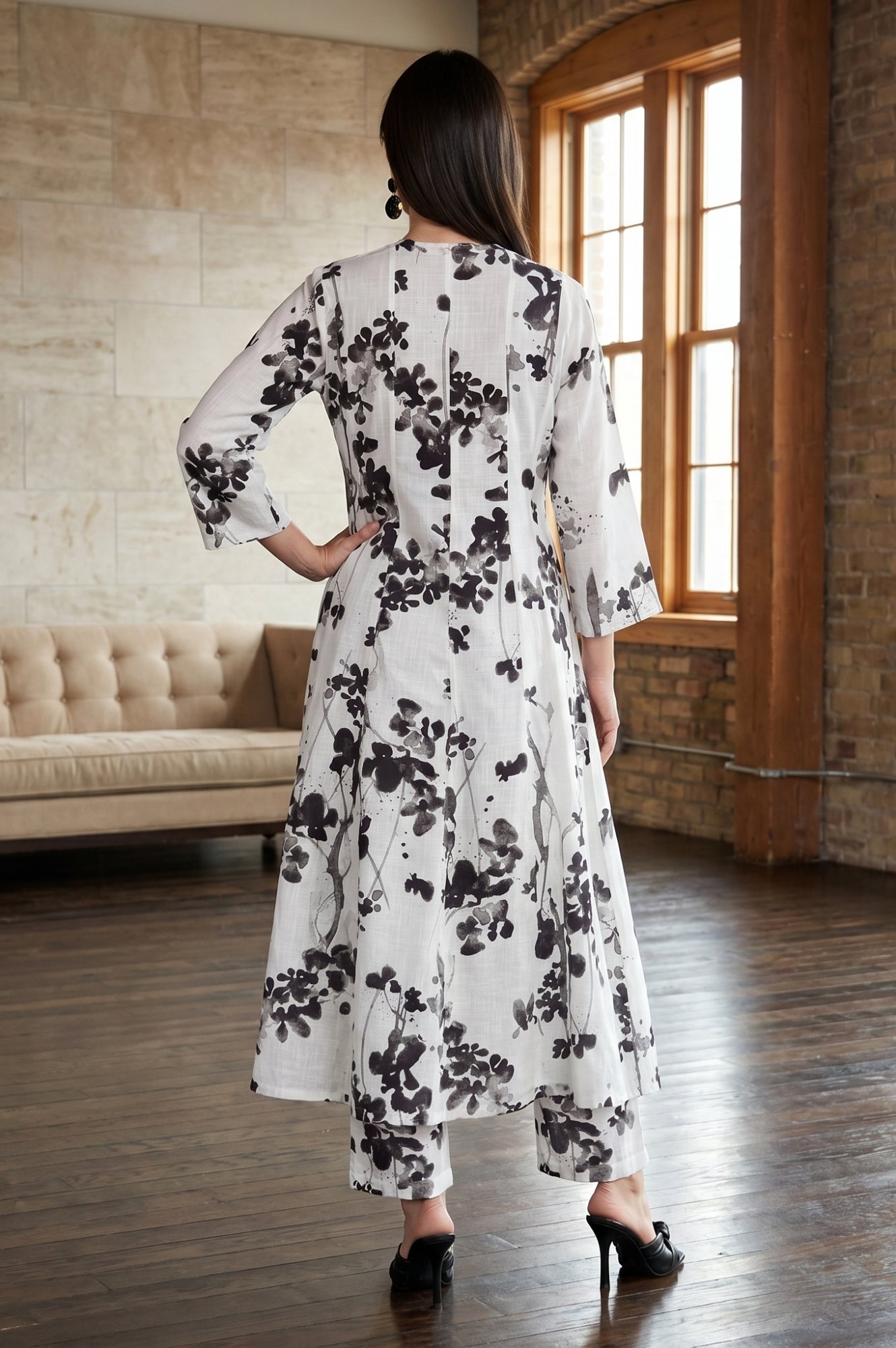 White Floral Printed Pure Cotton Flared Kurta