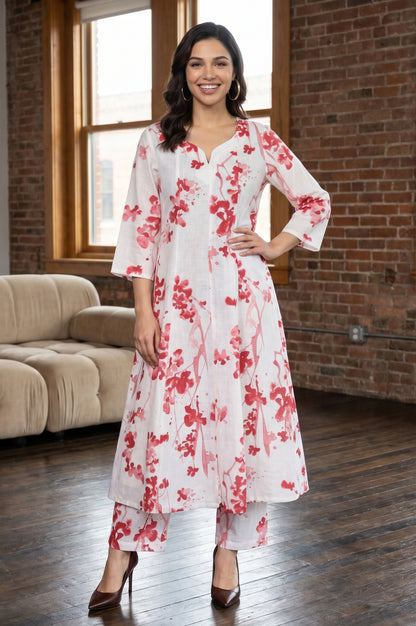 White Floral Printed Pure Cotton Flared Kurta