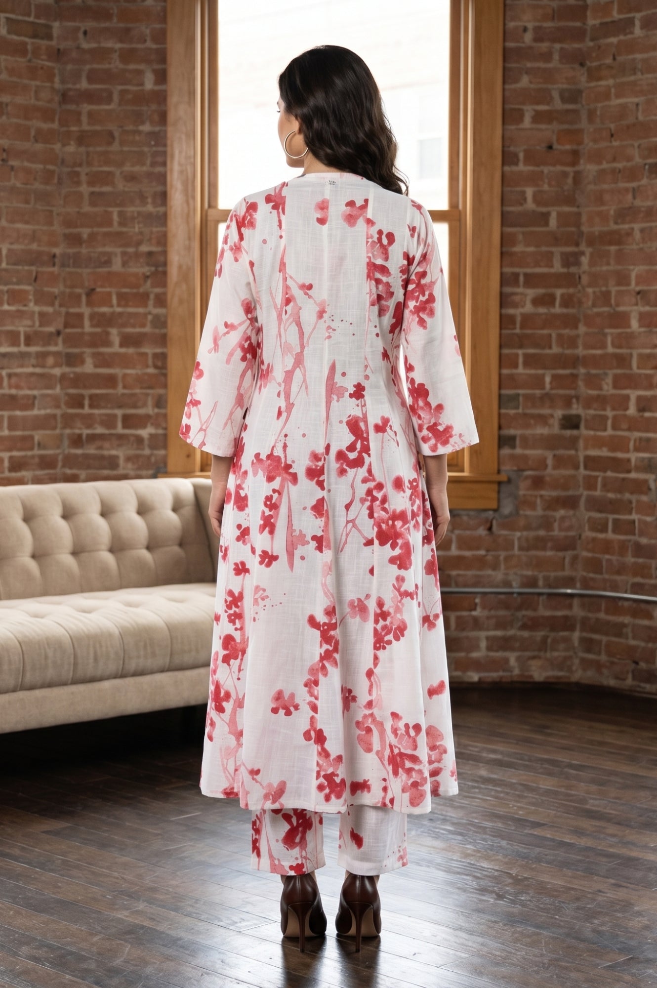White Floral Printed Pure Cotton Flared Kurta