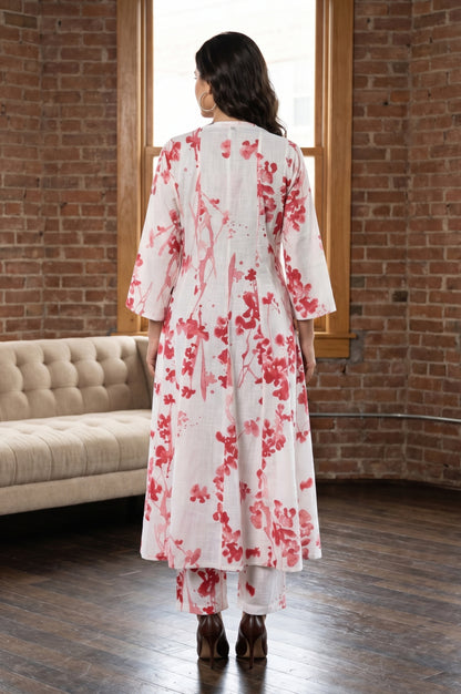 White Floral Printed Pure Cotton Flared Kurta