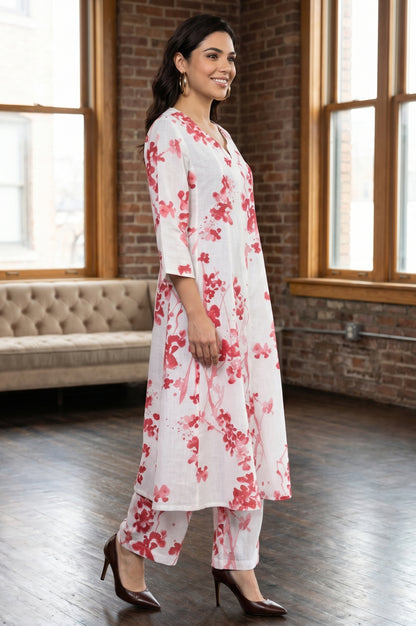 White Floral Printed Pure Cotton Flared Kurta