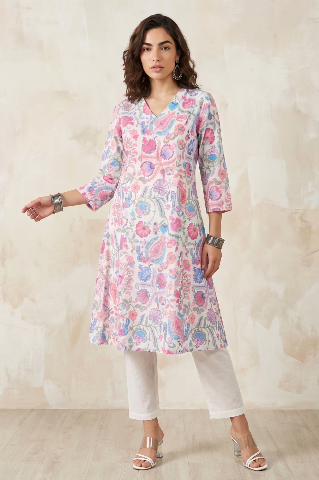 White Floral Printed Pure Cotton Straight Kurta
