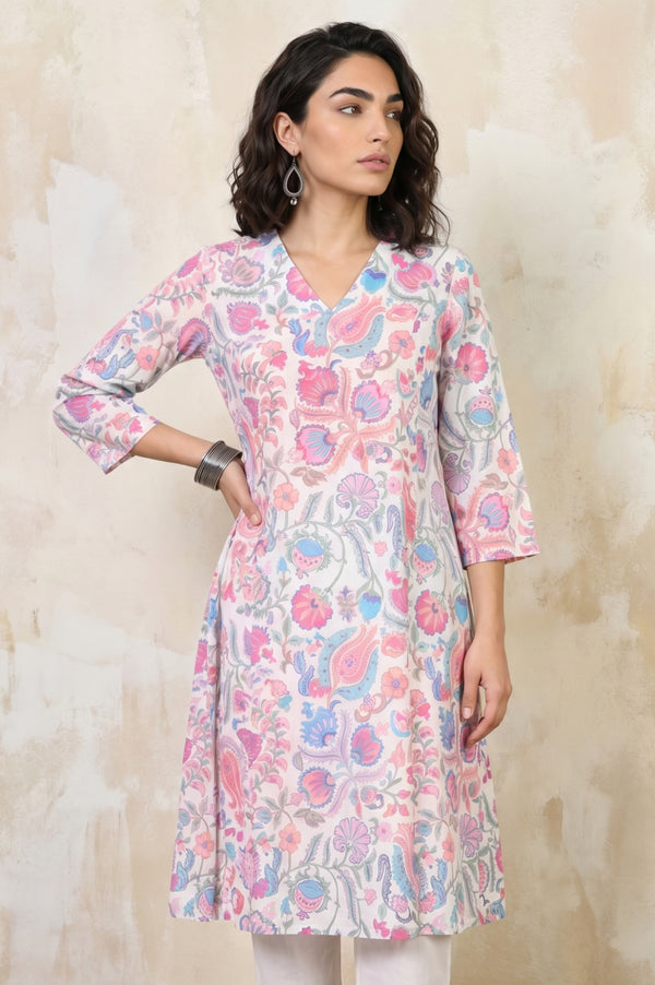 White Floral Printed Pure Cotton Straight Kurta