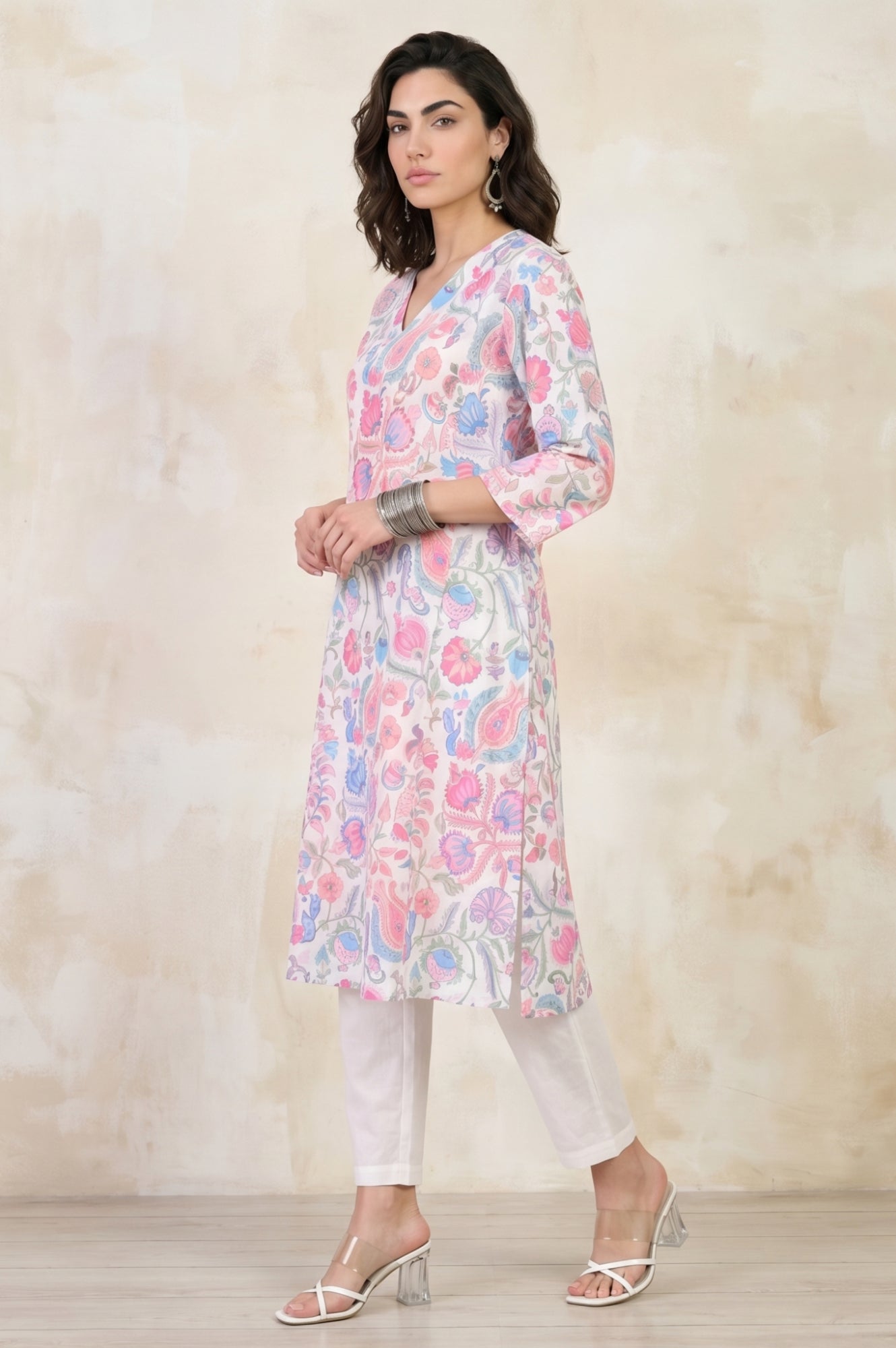 White Floral Printed Pure Cotton Straight Kurta