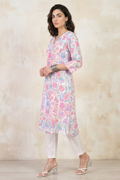 White Floral Printed Pure Cotton Straight Kurta