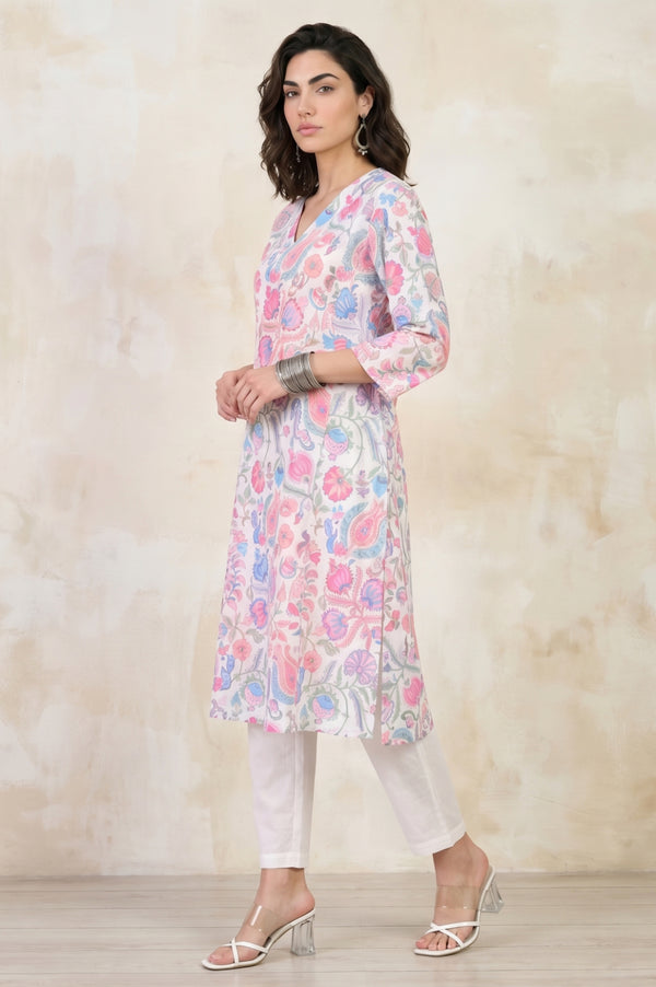 White Floral Printed Pure Cotton Straight Kurta