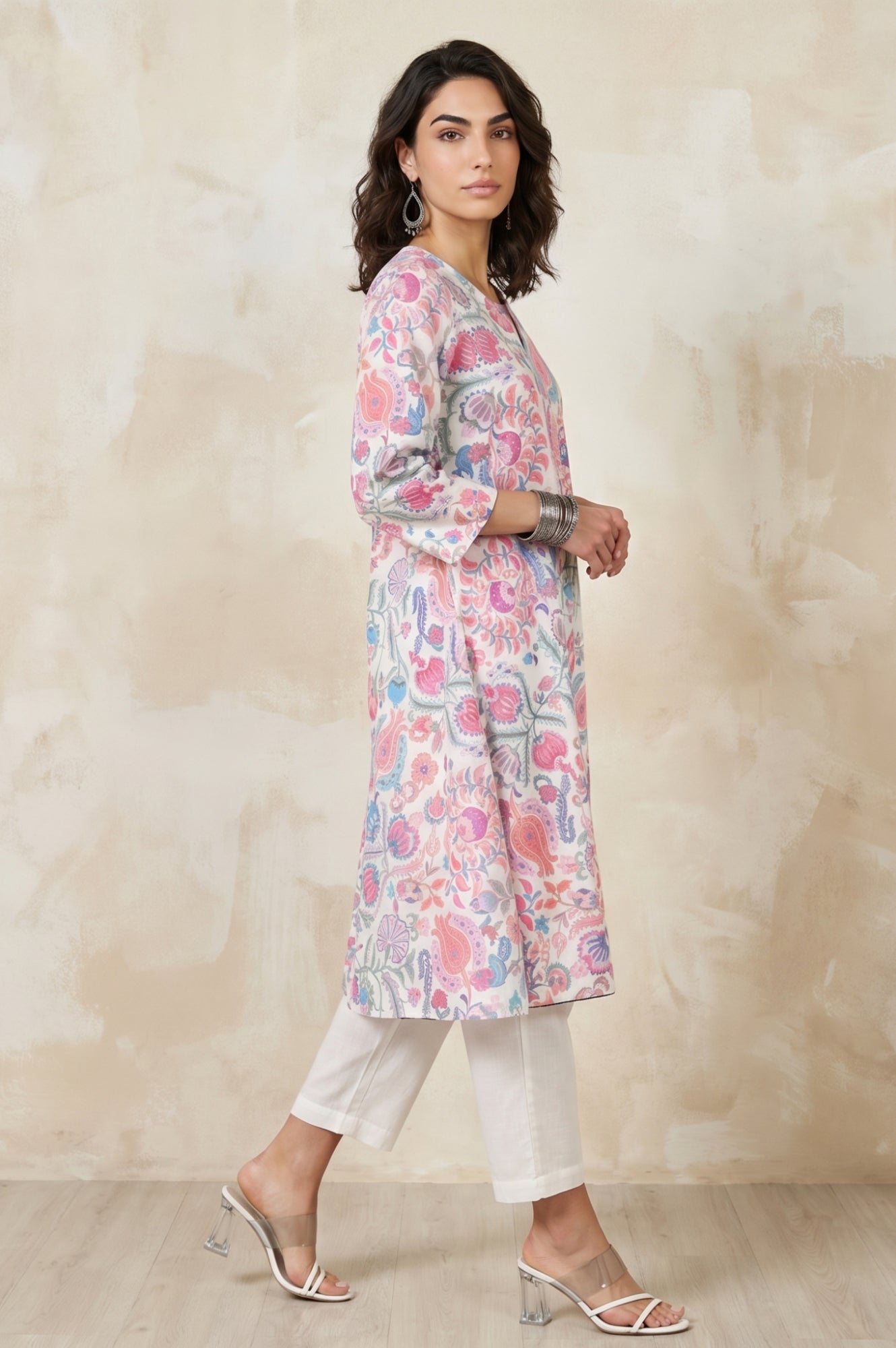 White Floral Printed Pure Cotton Straight Kurta