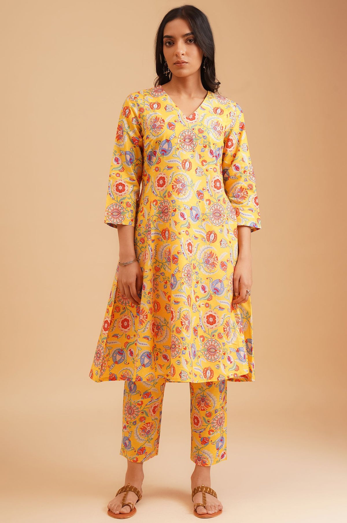 Yellow Floral Printed Pure Cotton A-line Kurta