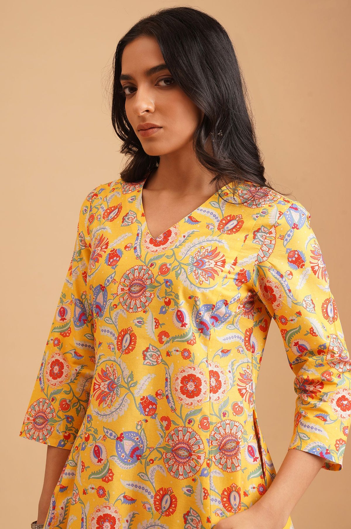 Yellow Floral Printed Pure Cotton A-line Kurta