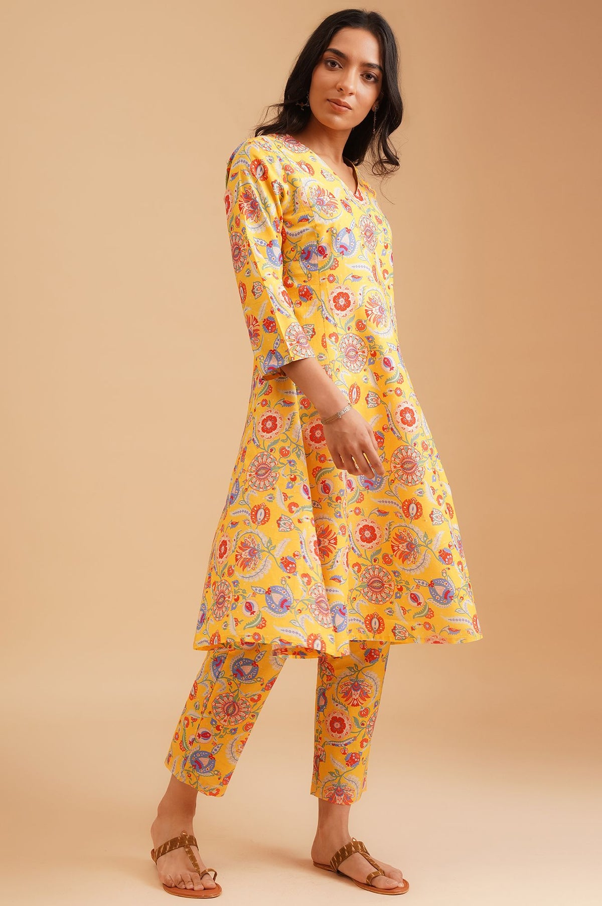 Yellow Floral Printed Pure Cotton A-line Kurta