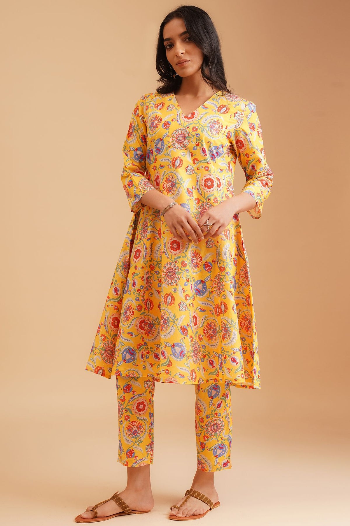 Yellow Floral Printed Pure Cotton A-line Kurta