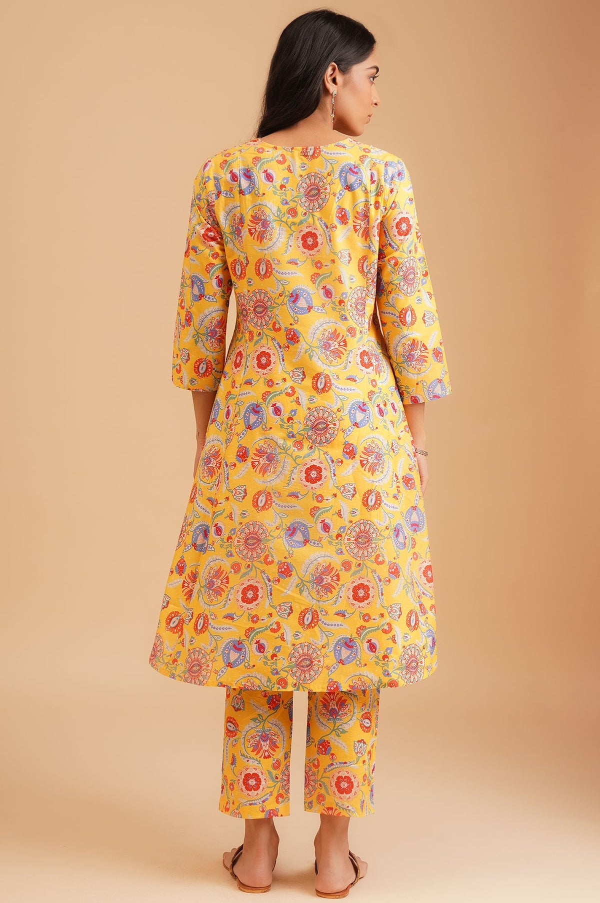 Yellow Floral Printed Pure Cotton A-line Kurta