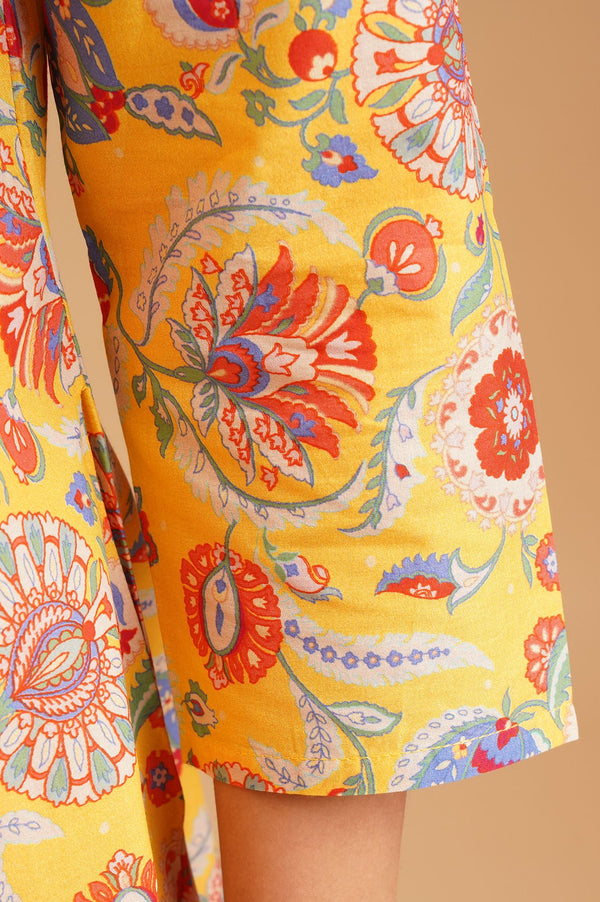 Yellow Floral Printed Pure Cotton A-line Kurta