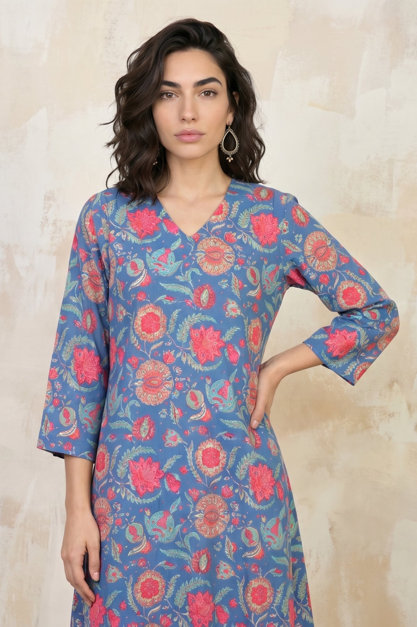 Blue Floral Printed Pure Cotton Straight Kurta