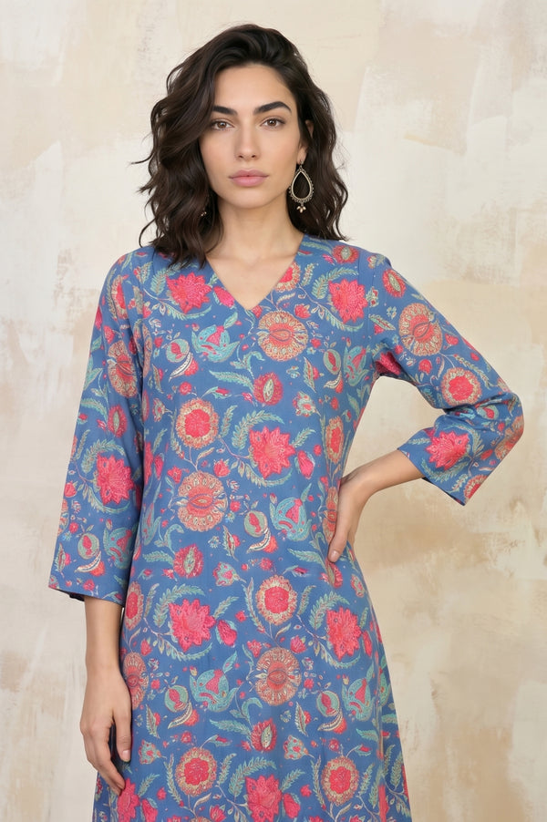 Blue Floral Printed Pure Cotton Straight Kurta