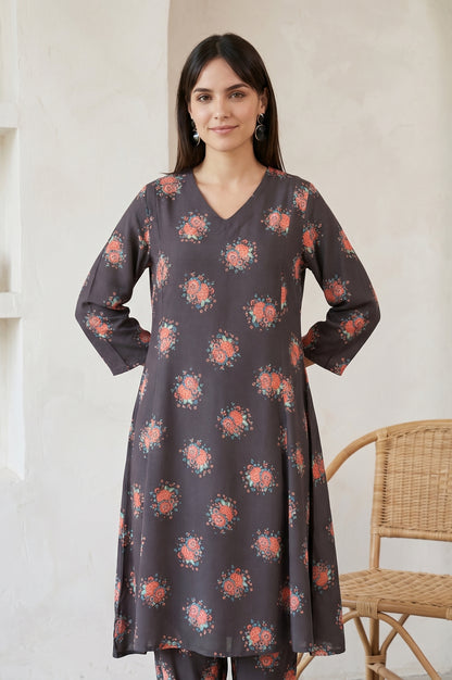 Charcoal Floral Printed Rayon Flared Kurta