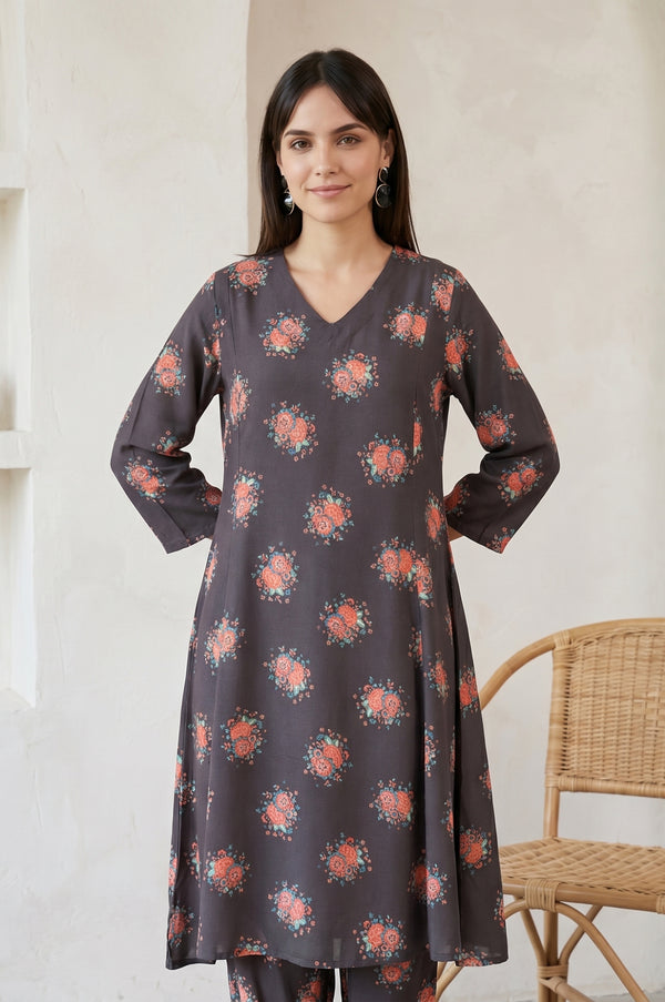 Charcoal Floral Printed Rayon Flared Kurta