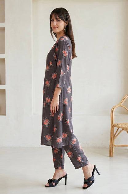 Charcoal Floral Printed Rayon Flared Kurta