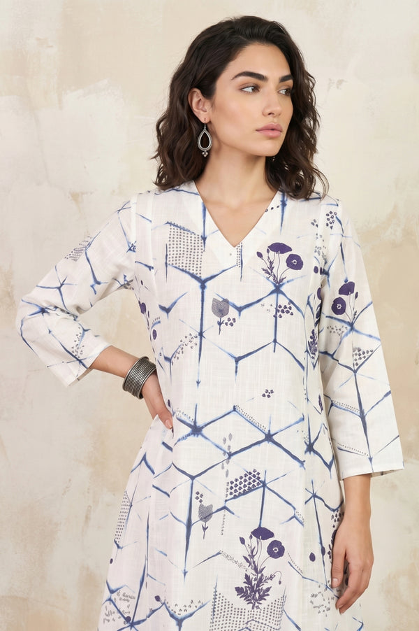 White Floral Printed Pure Cotton Straight Kurta