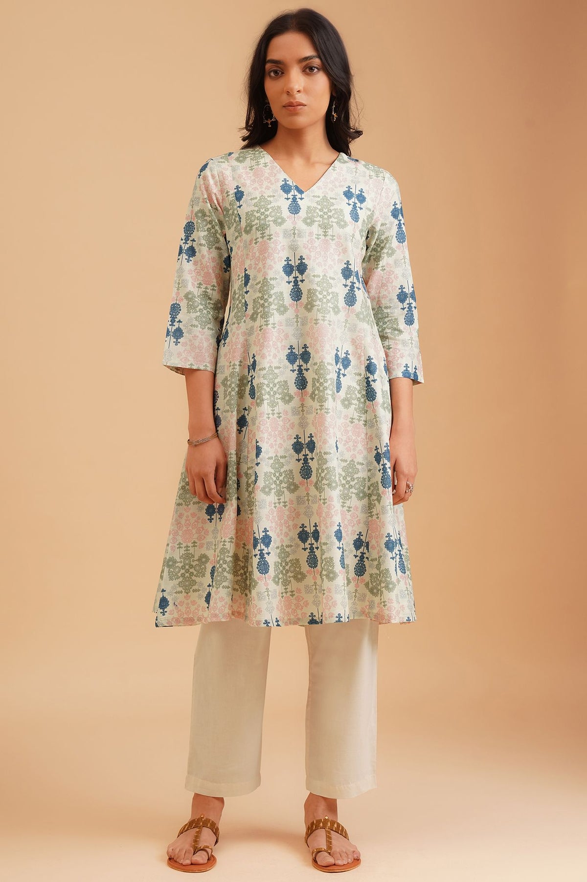 W Off White Floral Printed Pure Cotton A-line Kurta