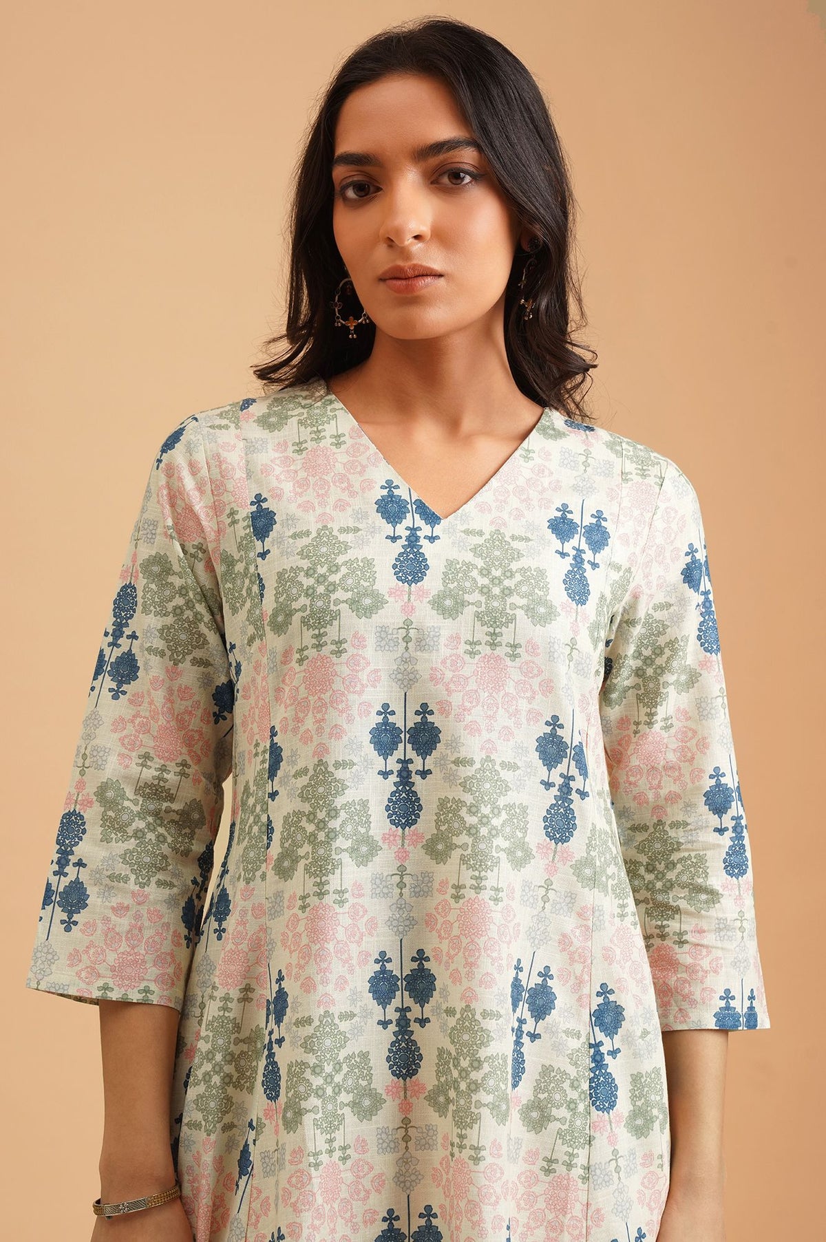 W Off White Floral Printed Pure Cotton A-line Kurta