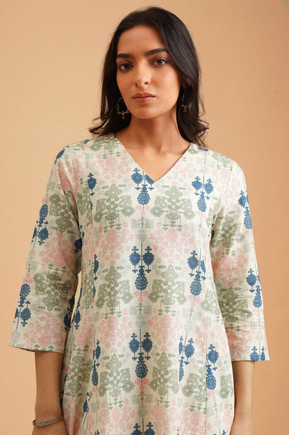 W Off White Floral Printed Pure Cotton A-line Kurta