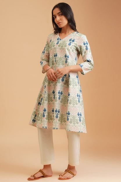 W Off White Floral Printed Pure Cotton A-line Kurta
