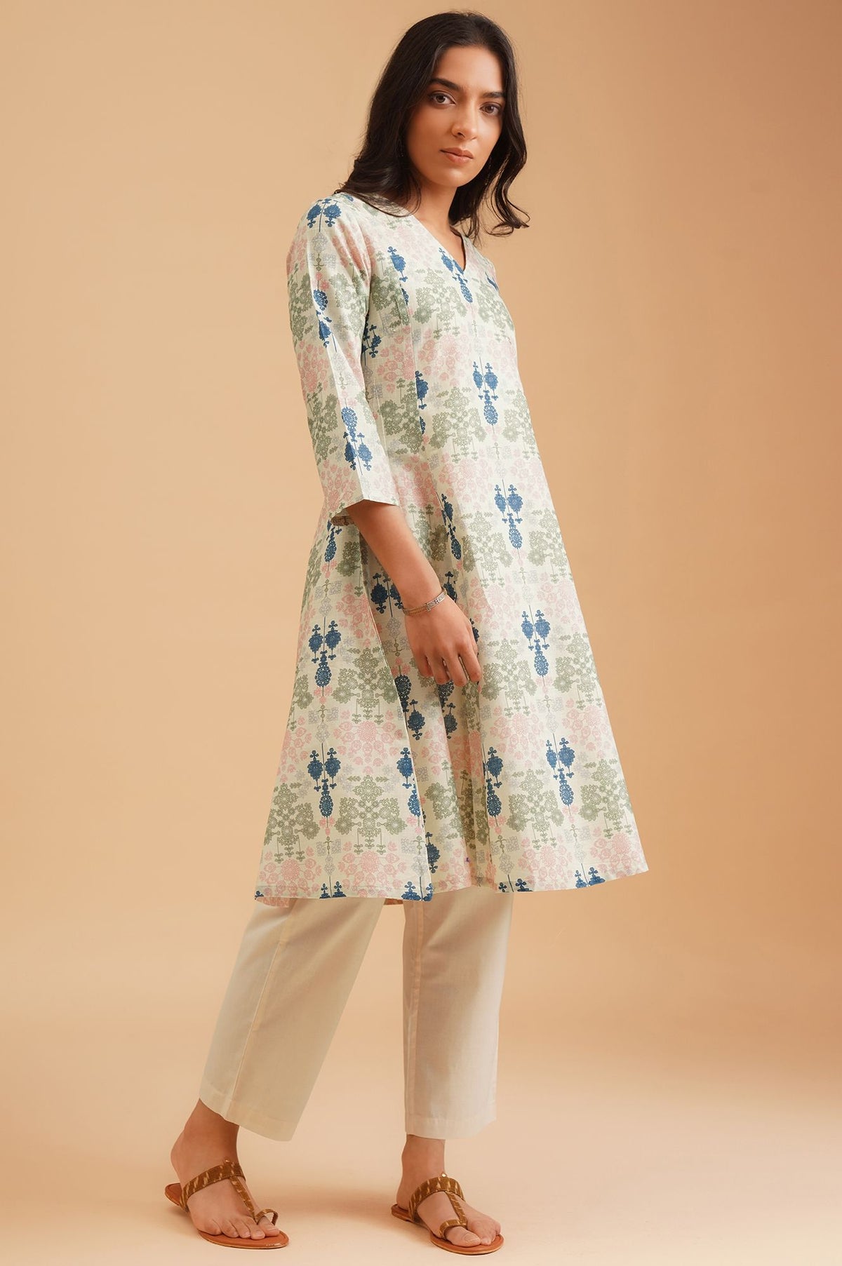 W Off White Floral Printed Pure Cotton A-line Kurta