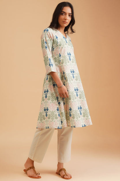 W Off White Floral Printed Pure Cotton A-line Kurta