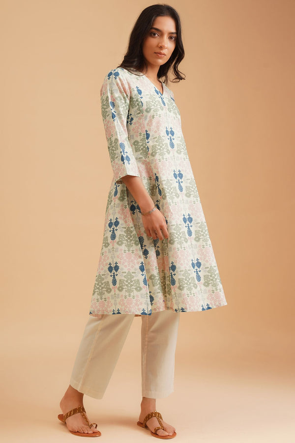W Off White Floral Printed Pure Cotton A-line Kurta