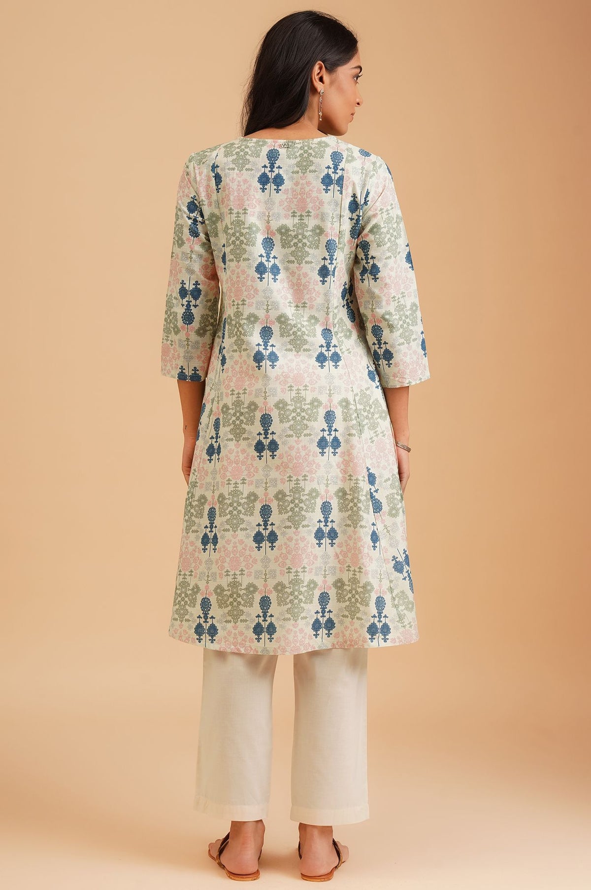 W Off White Floral Printed Pure Cotton A-line Kurta