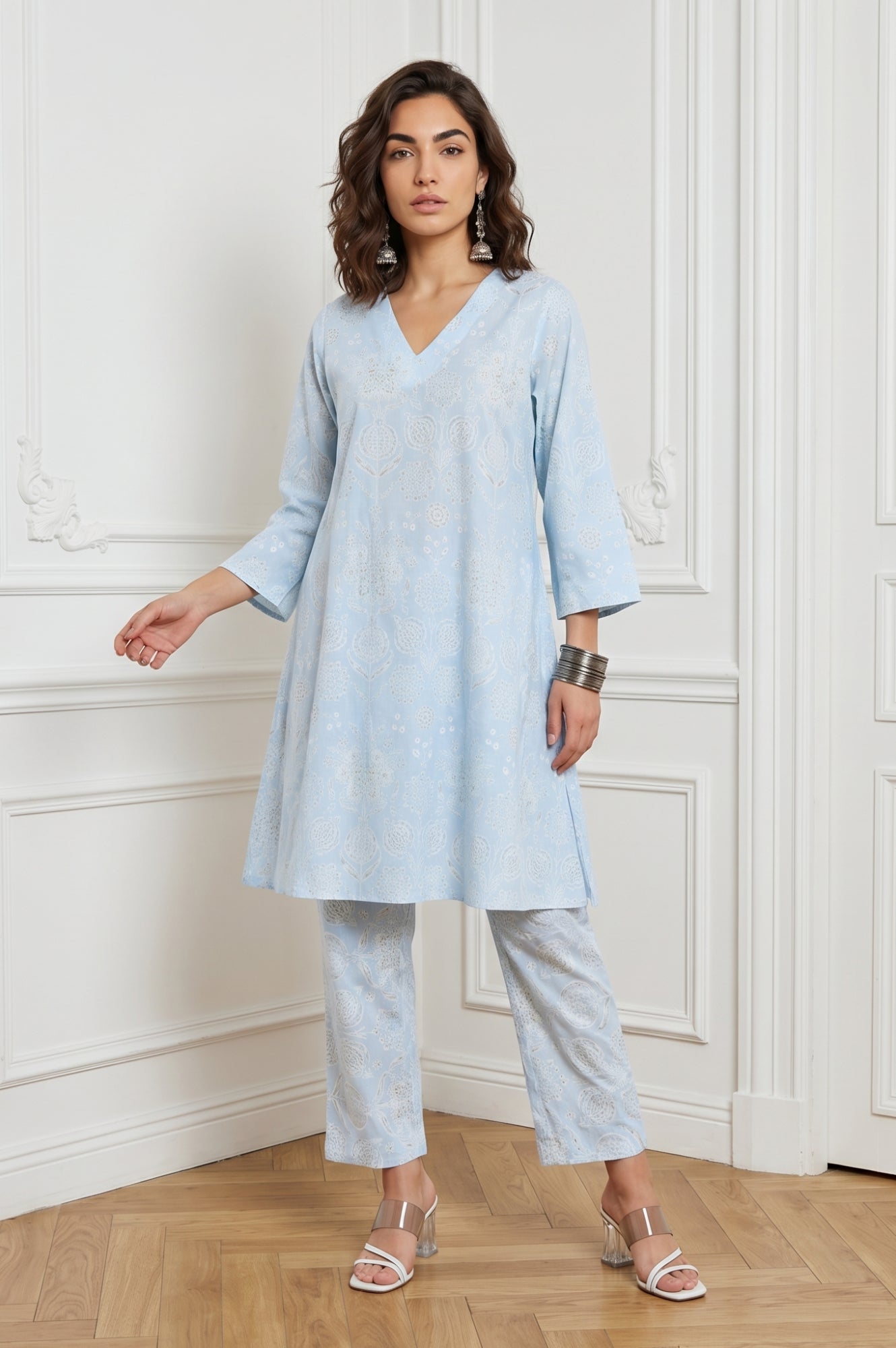 Powder Blue Floral Printed Pure Cotton A-line Kurta