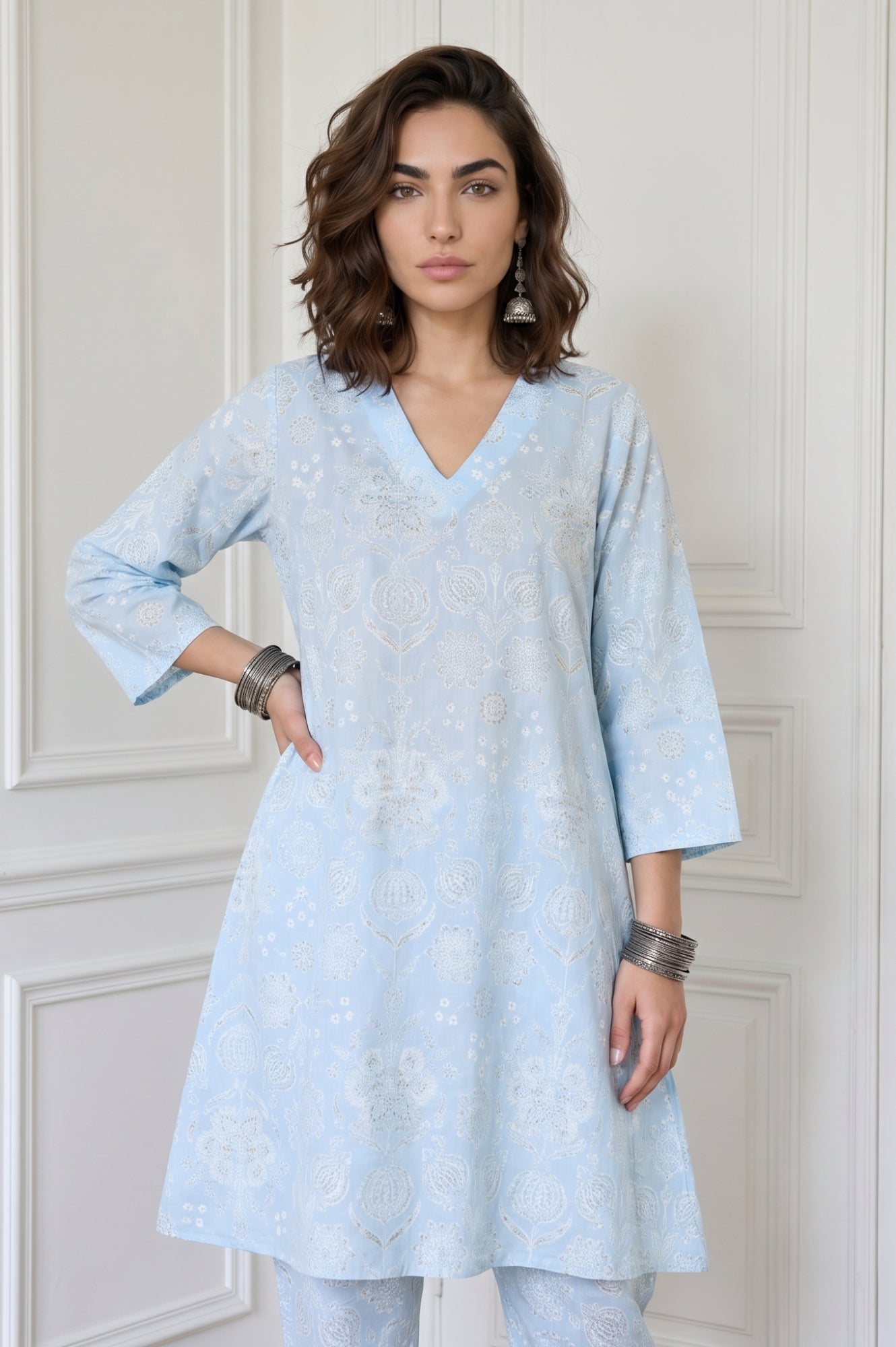 Powder Blue Floral Printed Pure Cotton A-line Kurta