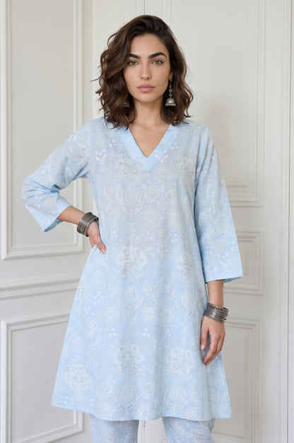 Powder Blue Floral Printed Pure Cotton A-line Kurta