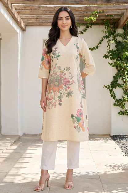 Beige Floral Printed Pure Cotton Straight Kurta