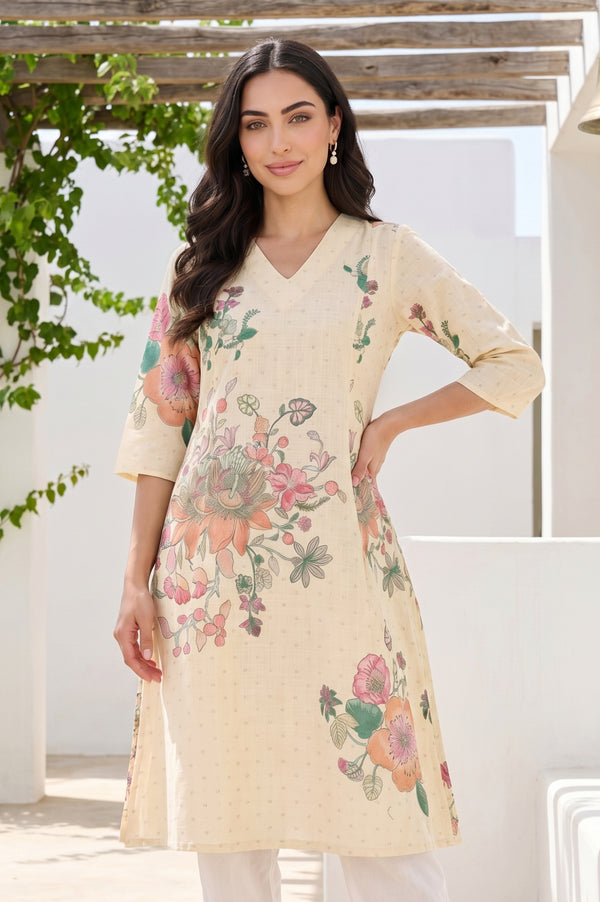 Beige Floral Printed Pure Cotton Straight Kurta